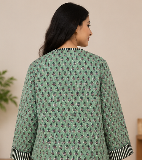 Cotton Kantha Green Jacket for Women | Handmade Quilted Coat - kraafty-com