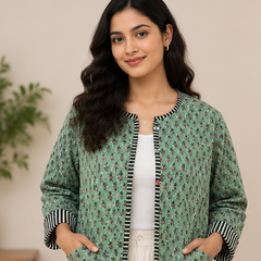 Cotton Kantha Green Jacket for Women | Handmade Quilted Coat - kraafty-com