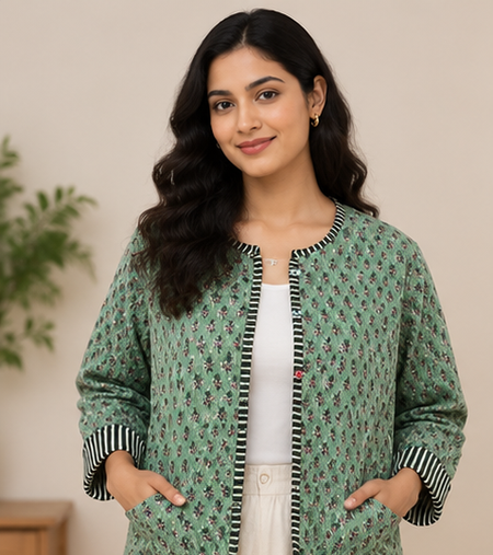 Cotton Kantha Green Jacket for Women | Handmade Quilted Coat - kraafty-com