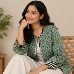 Cotton Kantha Green Jacket for Women | Handmade Quilted Coat - kraafty-com