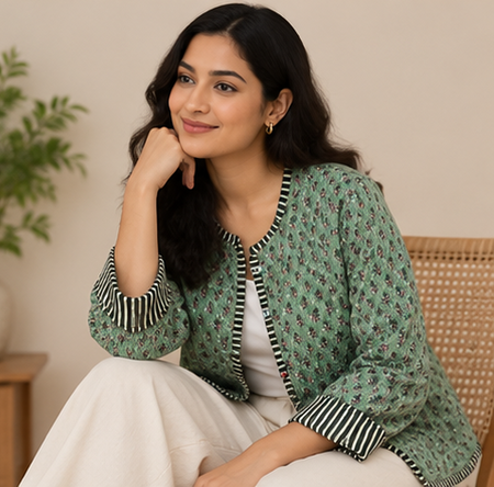Cotton Kantha Green Jacket for Women | Handmade Quilted Coat - kraafty-com