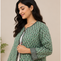 Cotton Kantha Green Jacket for Women | Handmade Quilted Coat - kraafty-com