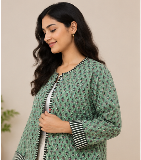 Cotton Kantha Green Jacket for Women | Handmade Quilted Coat - kraafty-com