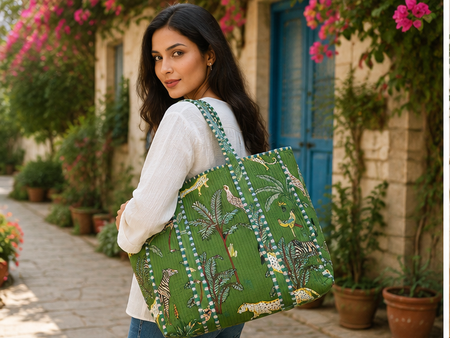 Cotton Tote Bag for Women | Sustainable Quilted Beach & Everyday Green Tote