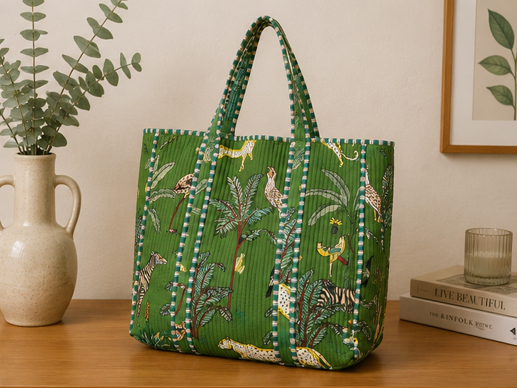 Cotton Tote Bag for Women | Sustainable Quilted Beach & Everyday Green Tote