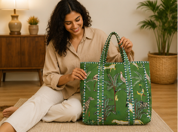 Cotton Tote Bag for Women | Sustainable Quilted Beach & Everyday Green Tote