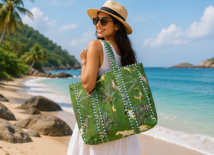 Cotton Tote Bag for Women | Sustainable Quilted Beach & Everyday Green Tote