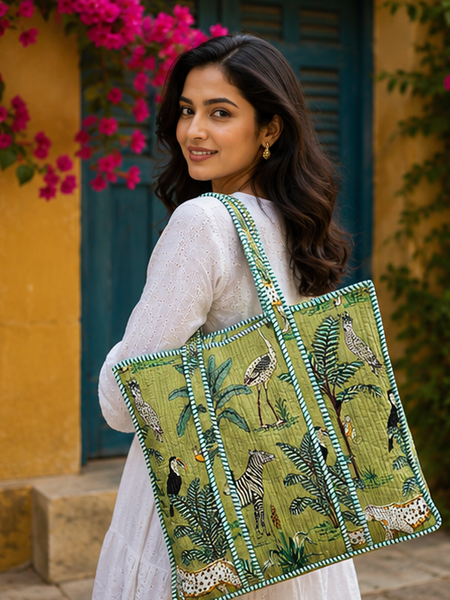 Quilted Cotton Tote Bag | Hand-Printed Reversible Green Beach Bag for Women - kraafty-com