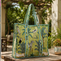 Quilted Cotton Tote Bag | Hand-Printed Reversible Green Beach Bag for Women - kraafty-com