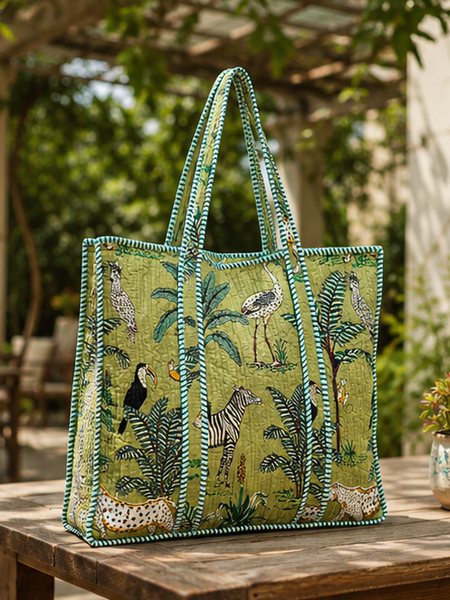 Quilted Cotton Tote Bag | Hand-Printed Reversible Green Beach Bag for Women - kraafty-com