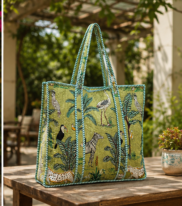 Quilted Cotton Tote Bag | Hand-Printed Reversible Green Beach Bag for Women - kraafty-com