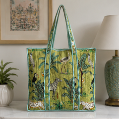 Quilted Cotton Tote Bag | Hand-Printed Reversible Green Beach Bag for Women - kraafty-com