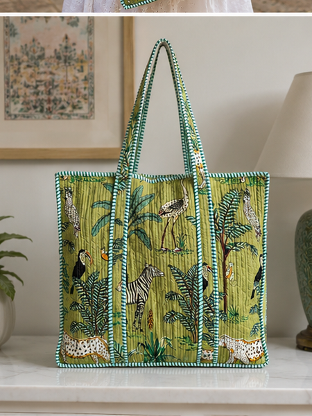 Quilted Cotton Tote Bag | Hand-Printed Reversible Green Beach Bag for Women - kraafty-com