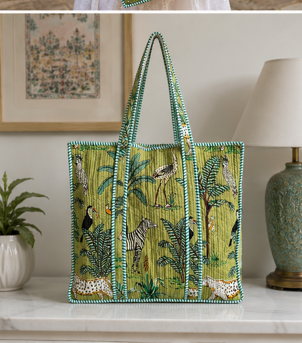 Quilted Cotton Tote Bag | Hand-Printed Reversible Green Beach Bag for Women - kraafty-com