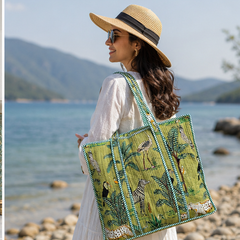 Quilted Cotton Tote Bag | Hand-Printed Reversible Green Beach Bag for Women - kraafty-com