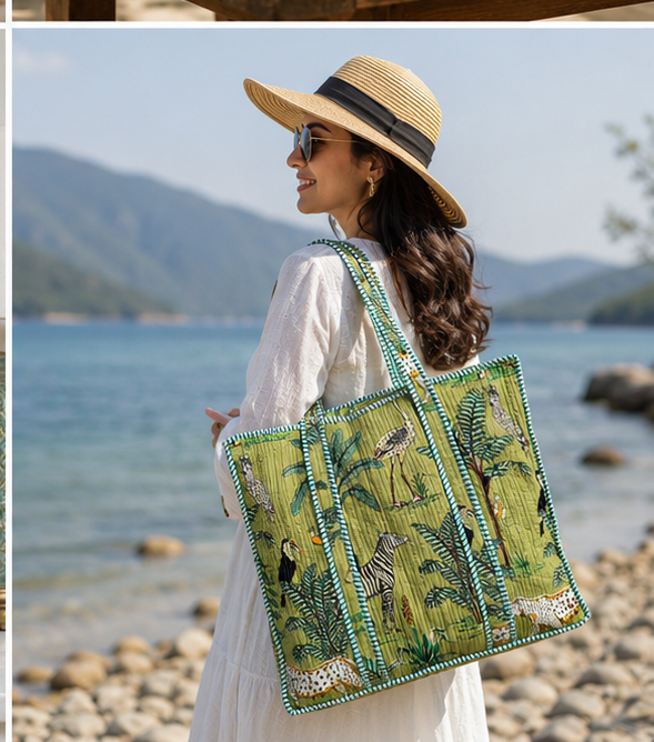 Quilted Cotton Tote Bag | Hand-Printed Reversible Green Beach Bag for Women - kraafty-com