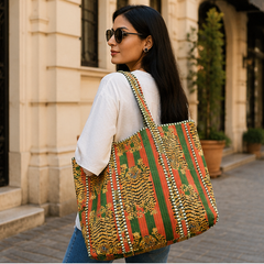 Cotton Canvas Tote Bag | Quilted Reversible Beach Bag, Greem Handmade
