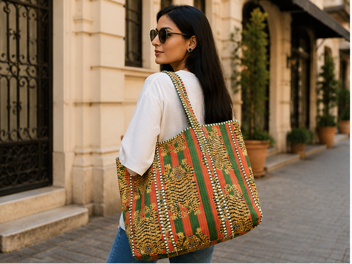 Cotton Canvas Tote Bag | Quilted Reversible Beach Bag, Greem Handmade