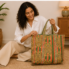 Cotton Canvas Tote Bag | Quilted Reversible Beach Bag, Greem Handmade