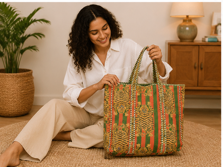 Cotton Canvas Tote Bag | Quilted Reversible Beach Bag, Greem Handmade