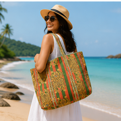 Cotton Canvas Tote Bag | Quilted Reversible Beach Bag, Greem Handmade