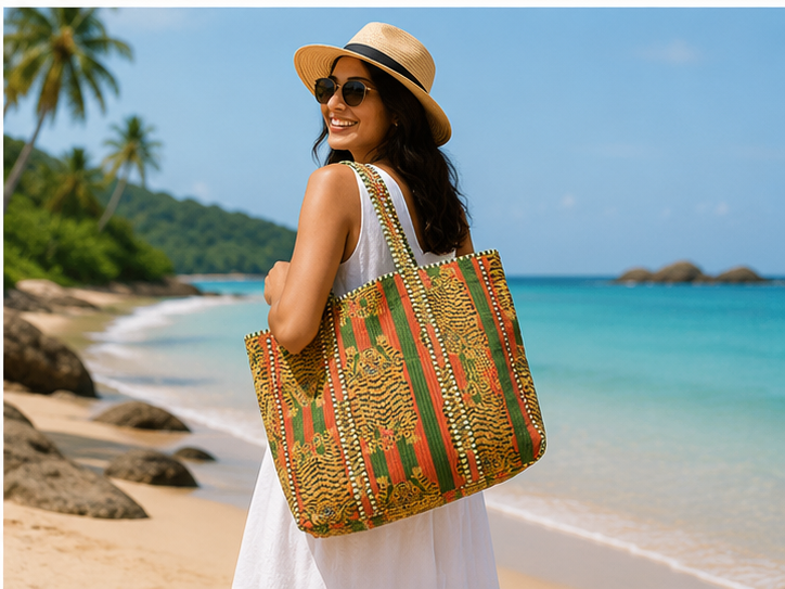 Cotton Canvas Tote Bag | Quilted Reversible Beach Bag, Greem Handmade