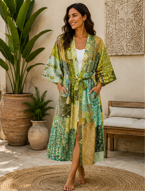 Vintage Kantha Kimono Robe — Handmade Cotton Dressing GreenGown