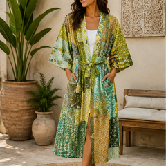 Vintage Kantha Kimono Robe — Handmade Cotton Dressing GreenGown