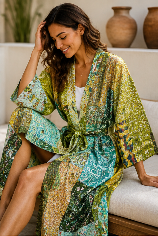 Vintage Kantha Kimono Robe — Handmade Cotton Dressing GreenGown