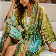 Vintage Kantha Kimono Robe — Handmade Cotton Dressing GreenGown