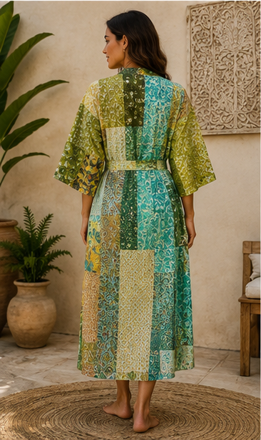Vintage Kantha Kimono Robe — Handmade Cotton Dressing GreenGown