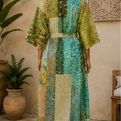 Vintage Kantha Kimono Robe — Handmade Cotton Dressing GreenGown