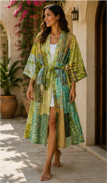 Vintage Kantha Kimono Robe — Handmade Cotton Dressing GreenGown
