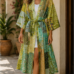 Vintage Kantha Kimono Robe — Handmade Cotton Dressing GreenGown