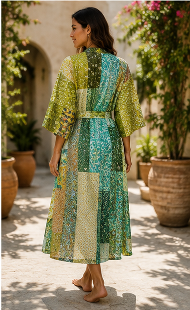 Vintage Kantha Kimono Robe — Handmade Cotton Dressing GreenGown
