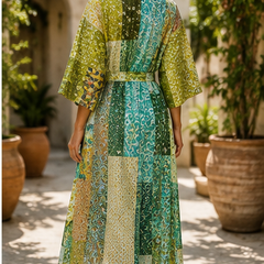 Vintage Kantha Kimono Robe — Handmade Cotton Dressing GreenGown