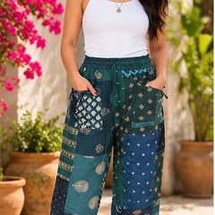 Boho Yoga Pants – Handmade Patchwork Rayon Harem Trousers with Pockets - kraafty-com