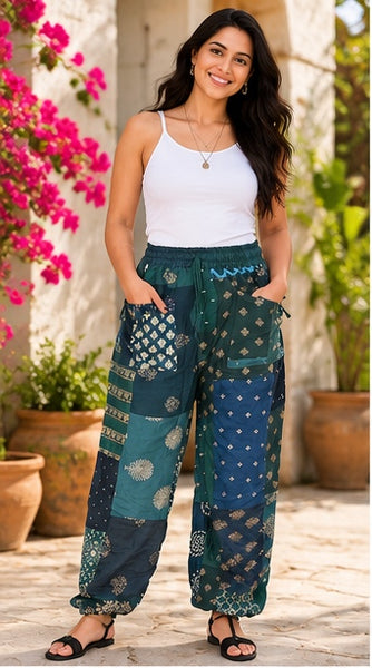 Boho Yoga Pants – Handmade Patchwork Rayon Harem Trousers with Pockets - kraafty-com