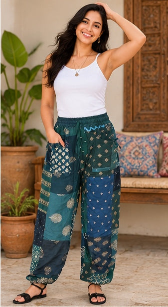 Boho Yoga Pants – Handmade Patchwork Rayon Harem Trousers with Pockets - kraafty-com