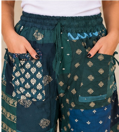 Boho Yoga Pants – Handmade Patchwork Rayon Harem Trousers with Pockets - kraafty-com