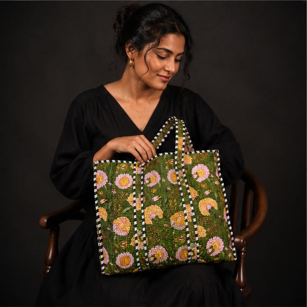 Reversible Quilted Green Floral Cotton Tote Bag with Interior Pocket - kraafty-com