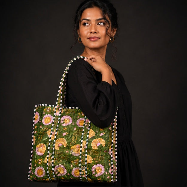Reversible Quilted Green Floral Cotton Tote Bag with Interior Pocket - kraafty-com