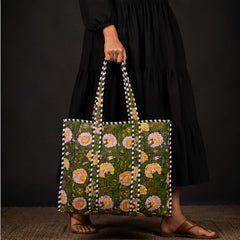 Reversible Quilted Green Floral Cotton Tote Bag with Interior Pocket - kraafty-com