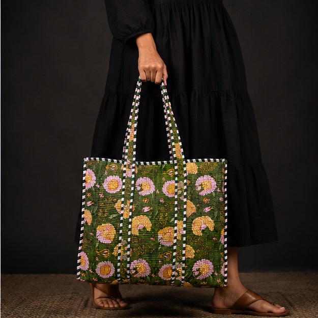 Reversible Quilted Green Floral Cotton Tote Bag with Interior Pocket - kraafty-com