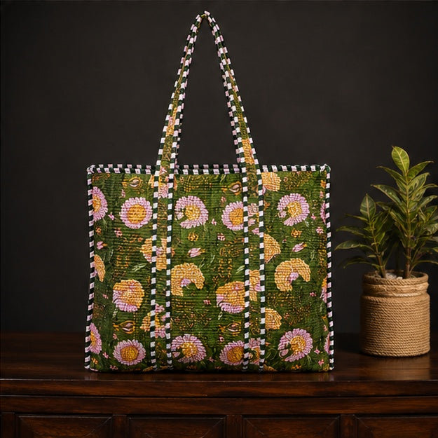 Reversible Quilted Green Floral Cotton Tote Bag with Interior Pocket - kraafty-com