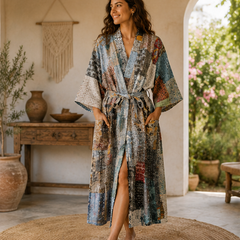 Vintage Kantha Kimono Robe — Handmade Cotton Grey Dressing Gown