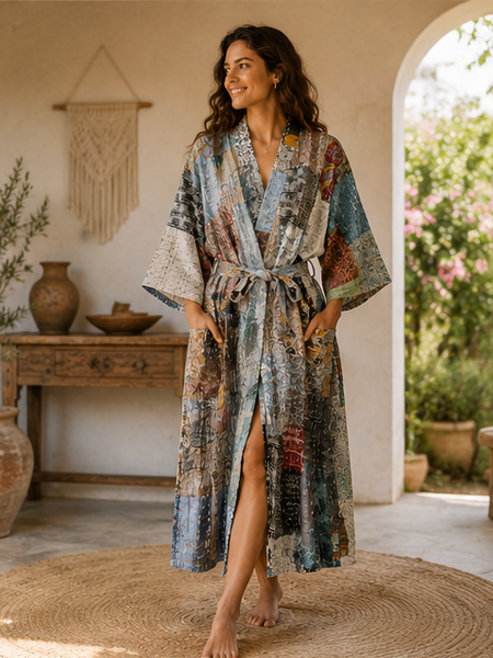 Vintage Kantha Kimono Robe — Handmade Cotton Grey Dressing Gown