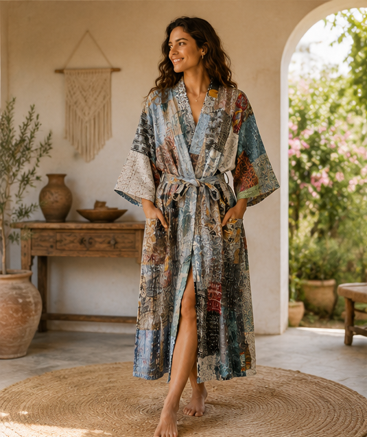 Vintage Kantha Kimono Robe — Handmade Cotton Grey Dressing Gown