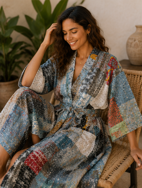Vintage Kantha Kimono Robe — Handmade Cotton Grey Dressing Gown
