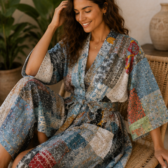 Vintage Kantha Kimono Robe — Handmade Cotton Grey Dressing Gown